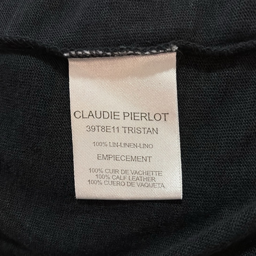 Claudie Pierlot Black Linen 3/4 Sleeve Tee W/ Calf Leather Elbow Patch SZ 2 NWOT - Picture 4 of 5